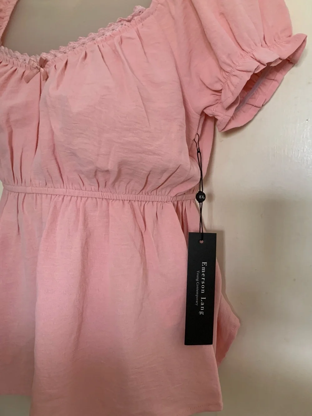 Emerson Lang Pink Blouse Lace Trim Flowy Top Boho Peplum Sizes S and M